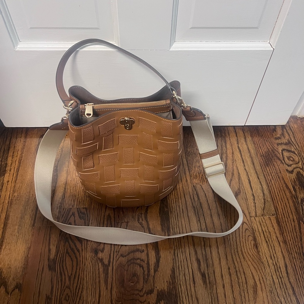 Furla Tan Leather Woven Crossbody with Cream Strap
